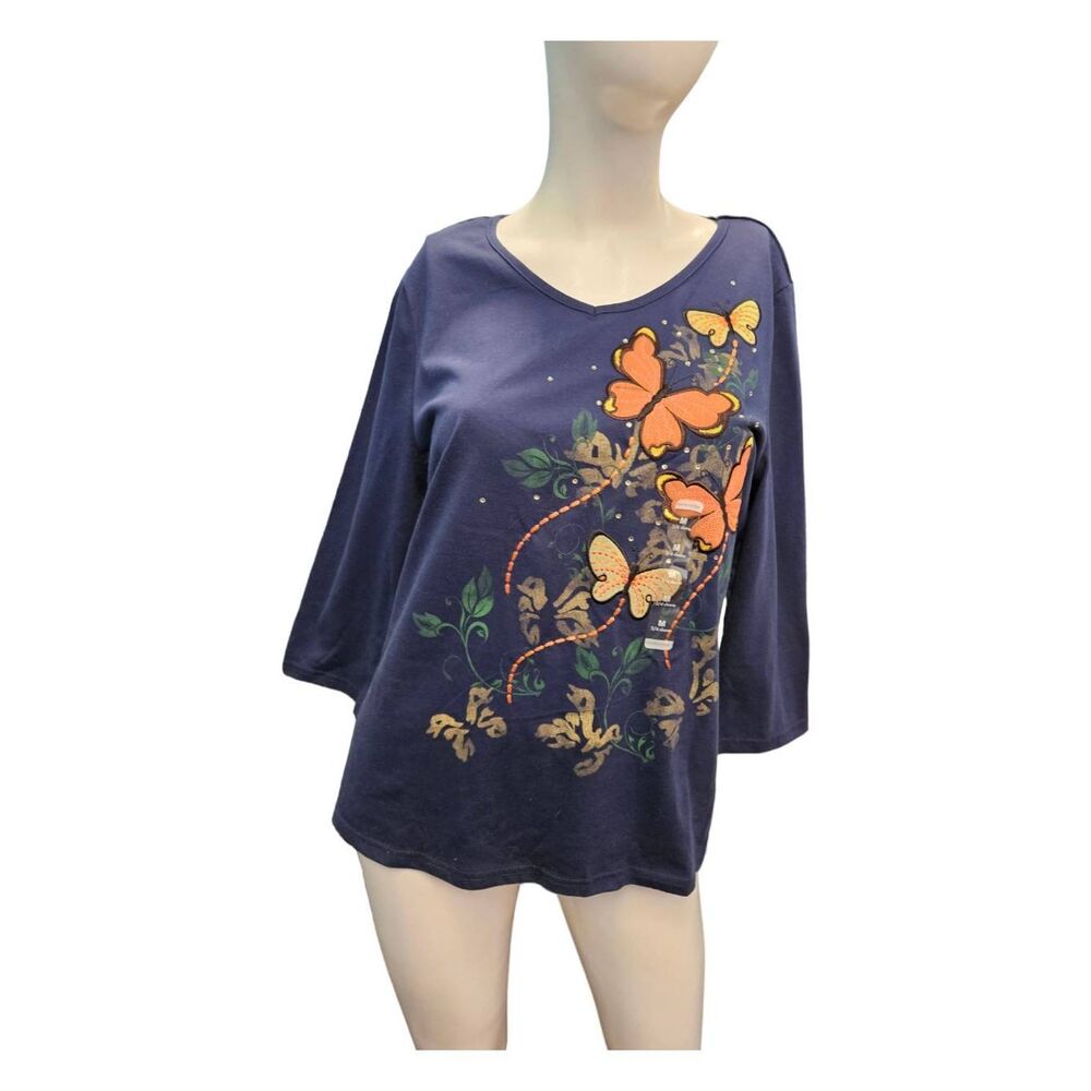 Breckenridge Navy Butterfly Top Womens Medium NEW TAGS